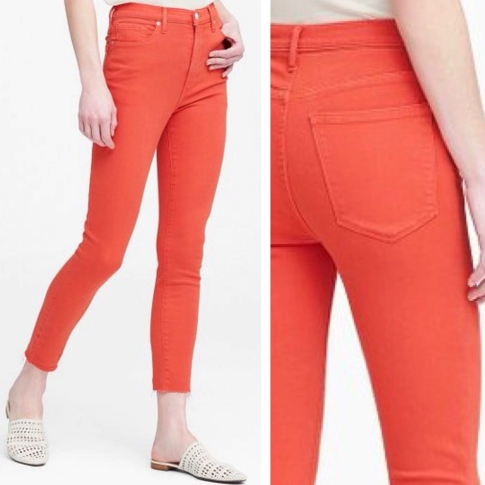 Banana Republic Distressed High Rise Skinny Jeans in Burnt Red/Tangerine Orange